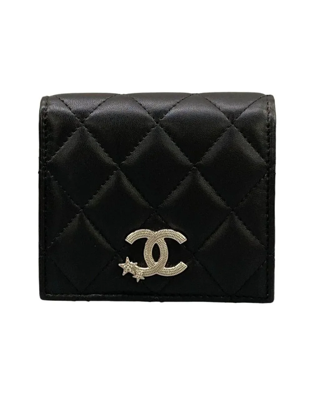 Chanel Bifold Wallet Quilted AP Black Silver Star Rhinestone Lambskin